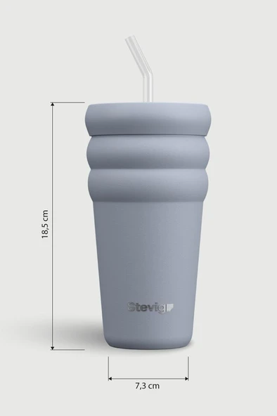 Stevig 3 Bubble Two-Cap Straw Tumbler Çelik Termos 600 ML Zen Blue ST-246 - Resim 8