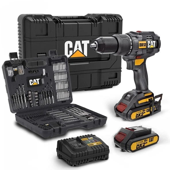 CAT DX12SET Çift Akülü Şarjlı Darbeli Matkap 18Volt/2.0Ah + DA01903 201 Parça Delme ve Vidalama Uç Seti