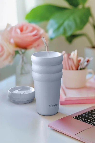 Stevig 3 Bubble Two-Cap Straw Tumbler Çelik Termos 600 ML Zen Blue ST-246 - Resim 6