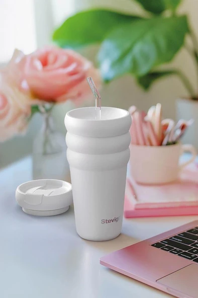 Stevig 3 Bubble Two-Cap Straw Tumbler Çelik Termos 600 ML White Stone ST-249 - Resim 6