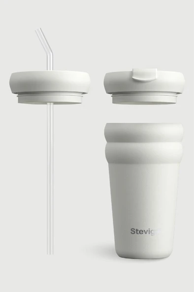 Stevig 3 Bubble Two-Cap Straw Tumbler Çelik Termos 600 ML White Stone ST-249 - Resim 4