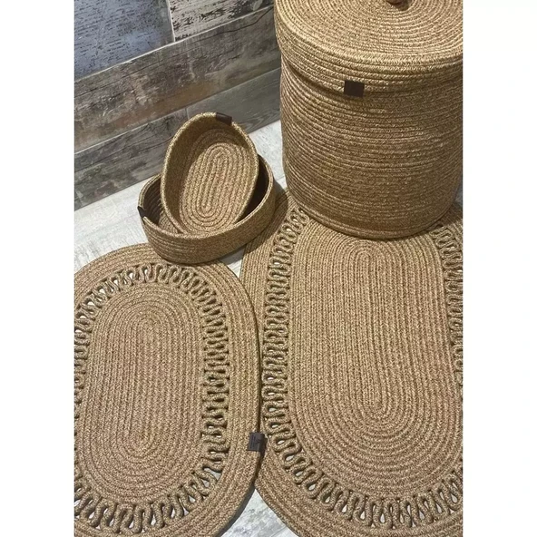 Jüt Hasır 5li Banyo Seti, Çamaşır Sepeti, Paspas Takımı, Oval Sepet-Kırçıllı Trikotlu