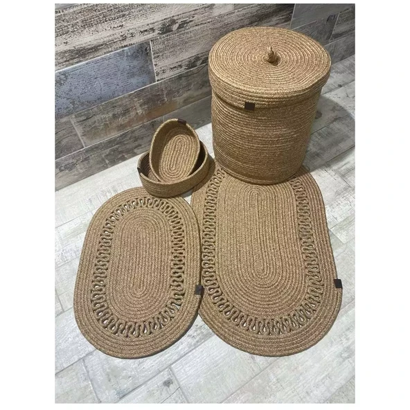 Jüt Hasır 5li Banyo Seti, Çamaşır Sepeti, Paspas Takımı, Oval Sepet-Kırçıllı Trikotlu - 2