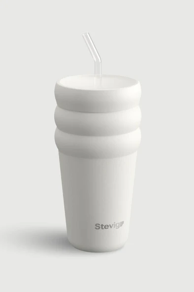Stevig 3 Bubble Two-Cap Straw Tumbler Çelik Termos 600 ML White Stone ST-249 ürün görseli