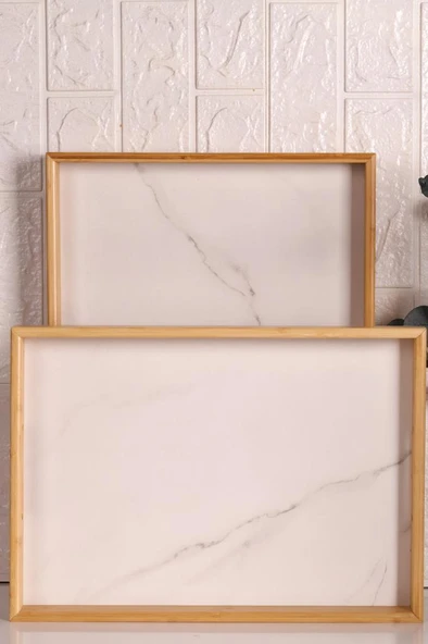 Bambum Marbella - 2`li Mermer Desenli Tepsi Beyaz Büyük Orta - Resim 3