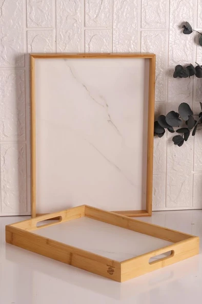 Bambum Marbella - 2`li Mermer Desenli Tepsi Beyaz Büyük Orta - Resim 2