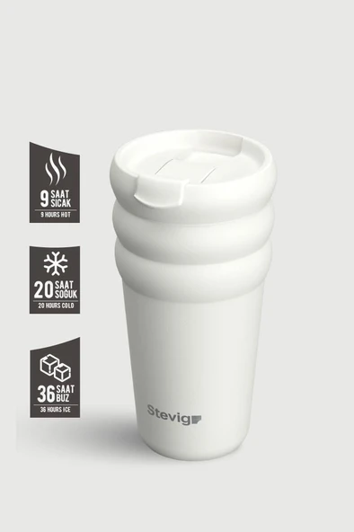 Stevig 3 Bubble Two-Cap Straw Tumbler Çelik Termos 600 ML White Stone ST-249 - Resim 2