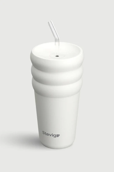 Stevig 3 Bubble Two-Cap Straw Tumbler Çelik Termos 600 ML White Stone ST-249 - Resim 3