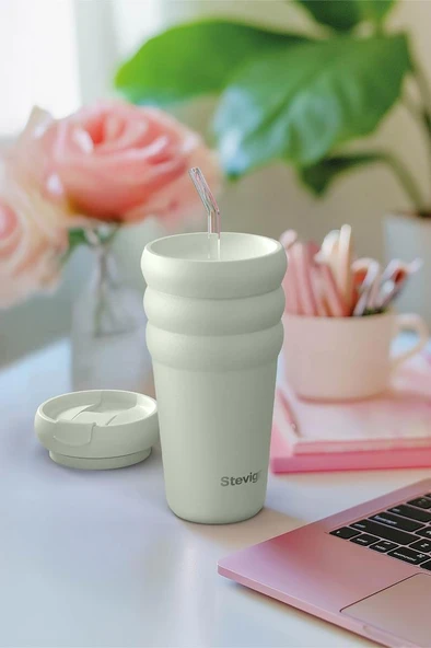 Stevig 3 Bubble Two-Cap Straw Tumbler Çelik Termos 600 ML Lightest Sky ST-247 - Resim 6