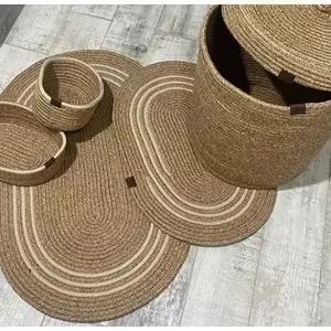 Jüt Hasır 5li Banyo Seti, Çamaşır Sepeti, Paspas Takımı, Oval Sepet-Krem Çizgili v1 - 3