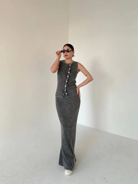 Uzun Etekli Önü Düğmeli Badi İkili Takım- Antrasit - Resim 3