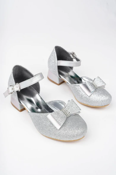 Kız Çocuk Gümüş Abiye Simli Kum Detaylı Fiyonklu Ayakkabı - 2