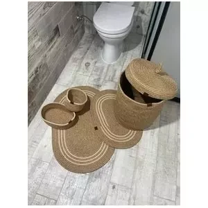 Jüt Hasır 5li Banyo Seti, Çamaşır Sepeti, Paspas Takımı, Oval Sepet-Krem Çizgili v1 - 2
