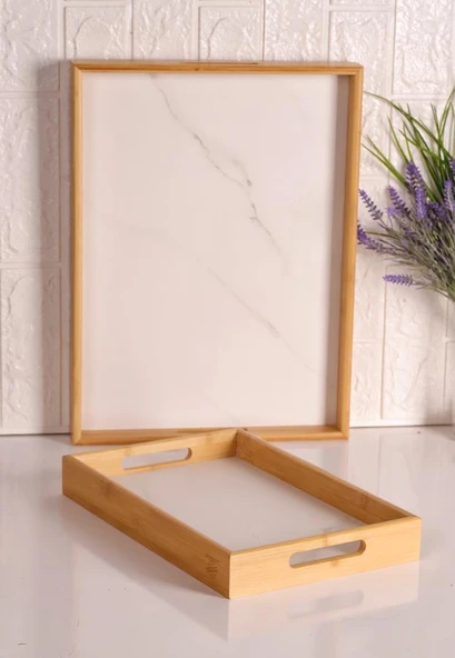 Bambum Marbella - 2`li Mermer Desenli Tepsi Beyaz Büyük Küçük ürün görseli