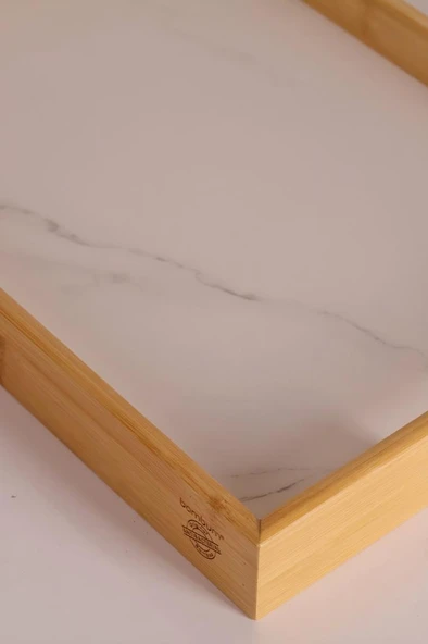 Bambum Marbella - 2`li Mermer Desenli Tepsi Beyaz Büyük Küçük - Resim 4