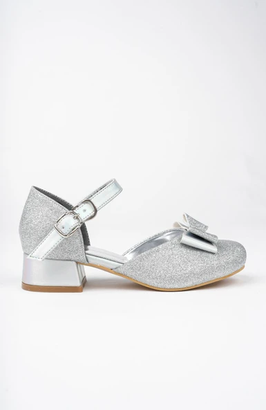 Kız Çocuk Gümüş Abiye Simli Kum Detaylı Fiyonklu Ayakkabı