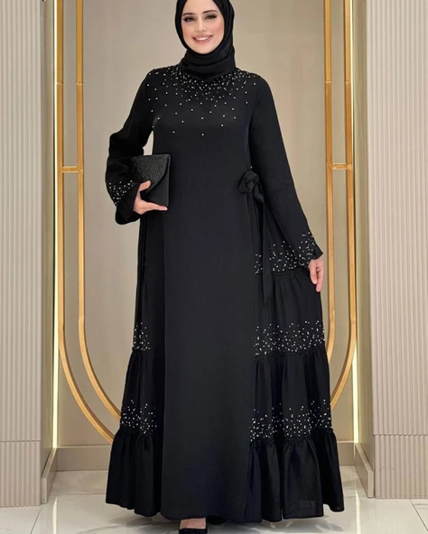 Taş İşleme Detaylı Sparklin Kumaş Abiye Elbise - 4
