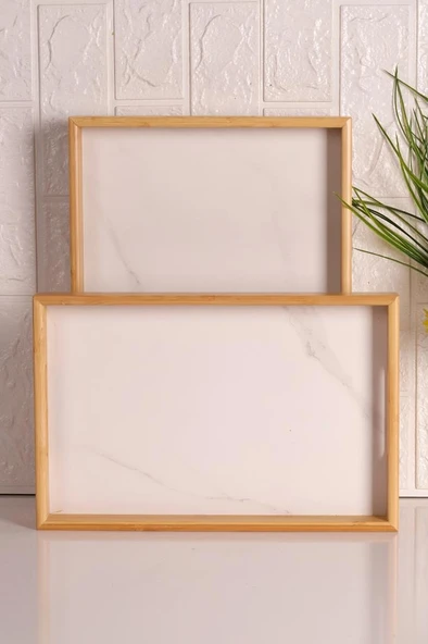 Bambum Marbella - 2`li Mermer Desenli Tepsi Beyaz Orta Küçük - Resim 2