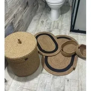 Jüt Hasır 5li Banyo Seti, Çamaşır Sepeti, Paspas Takımı, Oval Sepet-Siyah Çizgili