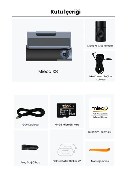Mieco X8 Wifi /4k Uhd/ 170 Ultra Geniş Açı/ Kör Nokta / Adas/ Ön + Arka Araç Kamerası + Hafıza Kartı Hediyeli - Resim 7
