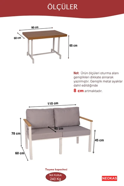 NEOKAS  Balkon Mobilyası, Bahçe Takımı, 1 ikili Koltuk, Kafe Koltuğu, Bekleme Alanı Koltuğu - Resim 2