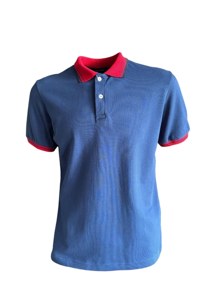 Polo Yaka T-shirt - Sax Mavi / Kırmızı Yaka ürün görseli