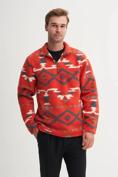 Cazador Vintage Desenli Kürk Dokulu Dik Yaka Regular Fit Sweatshirt-52440 ürün görseli 1