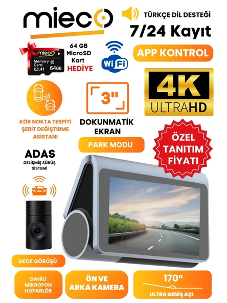 Mieco X8 Wifi /4k Uhd/ 170 Ultra Geniş Açı/ Kör Nokta / Adas/ Ön + Arka Araç Kamerası + Hafıza Kartı Hediyeli ürün görseli