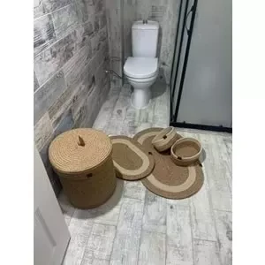 Jüt Hasır 5li Banyo Seti, Çamaşır Sepeti, Paspas Takımı, Oval Sepet-Krem Çizgili v2 - 2