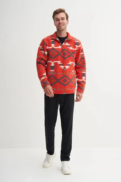 Cazador Vintage Desenli Kürk Dokulu Dik Yaka Regular Fit Sweatshirt-52440 - Resim 2