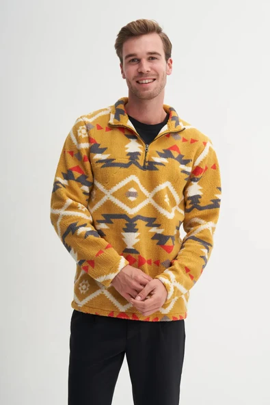 Cazador Vintage Desenli Kürk Dokulu Dik Yaka Regular Fit Sweatshirt-52440 - Resim 2