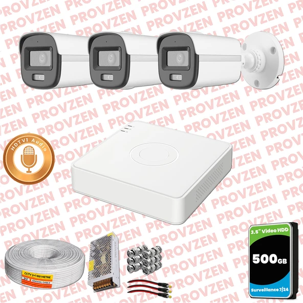 Provzen Hikvision 3'lü Full HD Güvenlik Kamerası Set 7/24 Renkli, Mikrofonlu, Olay Anında Bildirim ürün görseli