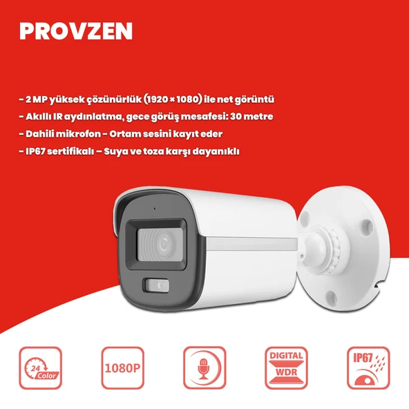 Provzen Hikvision 12'li Full HD Güvenlik Kamerası Set 7/24 Renkli, Mikrofonlu, Olay Anında Bildirim - Resim 2