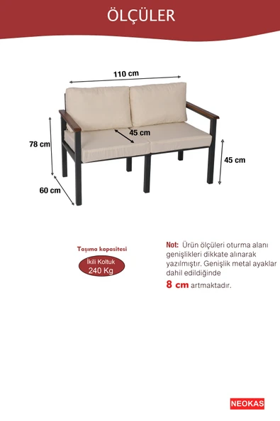 NEOKAS Balkon Mobilyası, Metal Oturma Grubu, Balkon Seti, Kafe Koltuğu, Teras Takımı, 1 İkili Koltuk - Resim 4