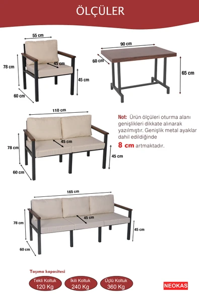 NEOKAS Balkon Mobilyası, Metal Oturma Grubu, Balkon Seti, Kafe Koltuğu, Bekeleme Alanı Koltuğu,  1 + 1 + 2 + M - Resim 6
