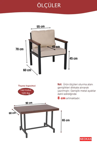 NEOKAS Balkon Mobilyası, Metal Oturma Grubu, Balkon Seti, Kafe Koltuğu, Teras Takımı, 2 Tekli Koltuk + 1 Adet Masa - Resim 5