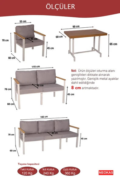 NEOKAS  Bahçe Mobilyası, 1 +1 +2+ 3+ Masa, Balkon Takımı, Kafe Koltuğu, Bekleme Alanı Koltuğu - Resim 6