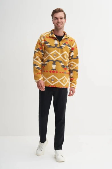 Cazador Vintage Desenli Kürk Dokulu Dik Yaka Regular Fit Sweatshirt-52440 ürün görseli 1