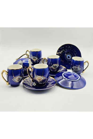 Tekbir NAZAR BONCUĞU DESENLİ 12 PARÇA PORSELEN KAHVE FİNCAN SETİ MAVİ-GOLD - Resim 2