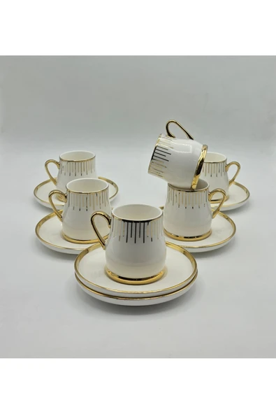 Tekbir BEYAZ GOLD ÇİZGİLİ PORSELEN KAHVE FİNCAN 12 Parça & 6 Kişilik ürün görseli 1