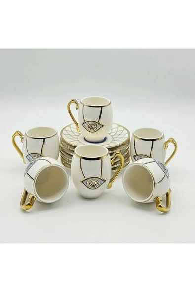 Tekbir NAZAR BONCUĞU DESENLİ 12 PARÇA PORSELEN KAHVE FİNCAN SETİ MAVİ-GOLD - Resim 2