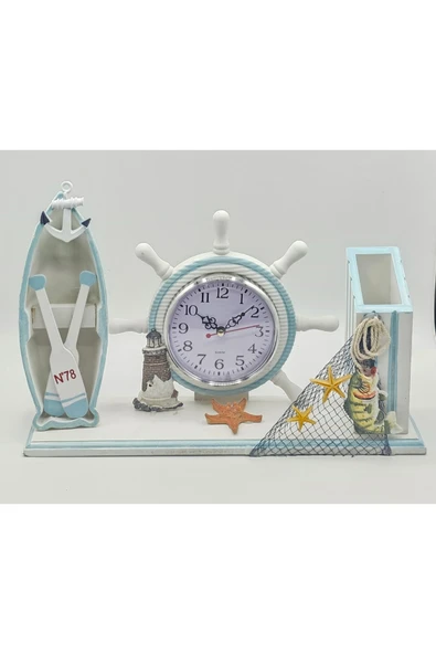 Galaxy AHŞAP DEKORATİF TEKNELİ GEMİ DÜMENİ MASA SAATİ 36 cm x 24 cm Turkuaz ürün görseli 1