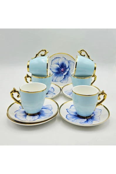 Tekbir VİNTAGE TURKUAZ ÇİÇEKLİ PORSELEN KAHVE FİNCAN 12 Parça & 6 Kişilik ürün görseli 1
