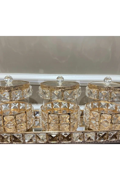 Furkan KRİSTAL TAŞLI 3 LÜ BAHARATLIK SETİ TEPSİLİ GOLD - Resim 2