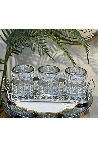Furkan KRİSTAL TAŞLI 3 LÜ BAHARATLIK SETİ TEPSİLİ - Resim 3