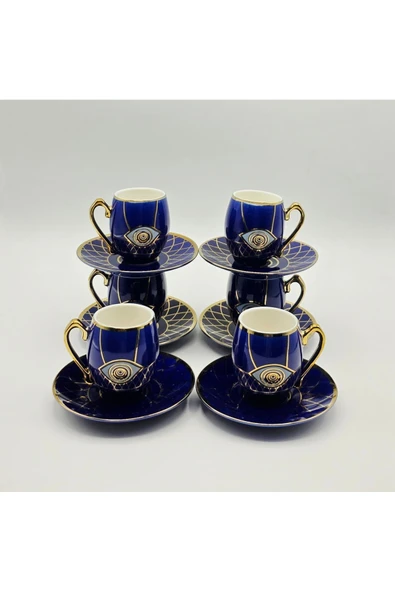 Tekbir NAZAR BONCUĞU DESENLİ 12 PARÇA PORSELEN KAHVE FİNCAN SETİ MAVİ-GOLD - Resim 4