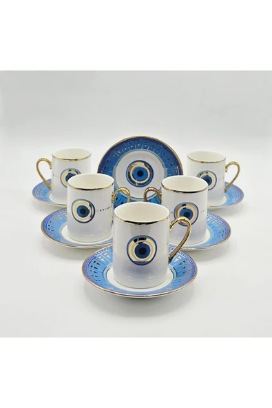Tekbir NAZAR BONCUĞU MAVİ DESENLİ 12 PARÇA PORSELEN KAHVE FİNCAN SETİ ( 6 kişilik ) - Resim 2