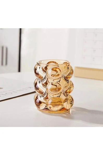 Furkan 2 li BUBBLE DEKORATİF BAL RENK CAM VAZO BARDAK