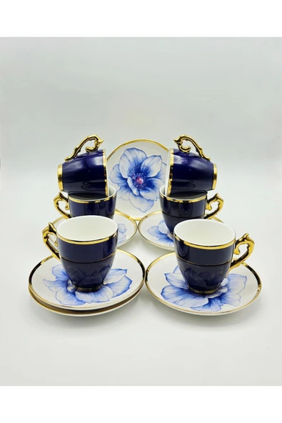 Tekbir VİNTAGE LACİVERT ÇİÇEKLİ PORSELEN KAHVE FİNCAN 12 Parça & 6 Kişilik ürün görseli 1
