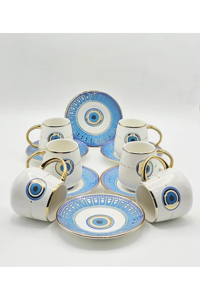 Tekbir NAZAR BONCUĞU DESENLİ MAVİ 12 PARÇA PORSELEN KAHVE FİNCAN SETİ ( 6 kişilik ) - Resim 2